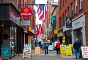 A view of Baltimore street showing local businesses affected by economic uncertainty.