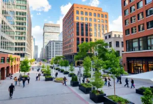 View of Baltimore's revitalized downtown area with pedestrians and modern architecture.