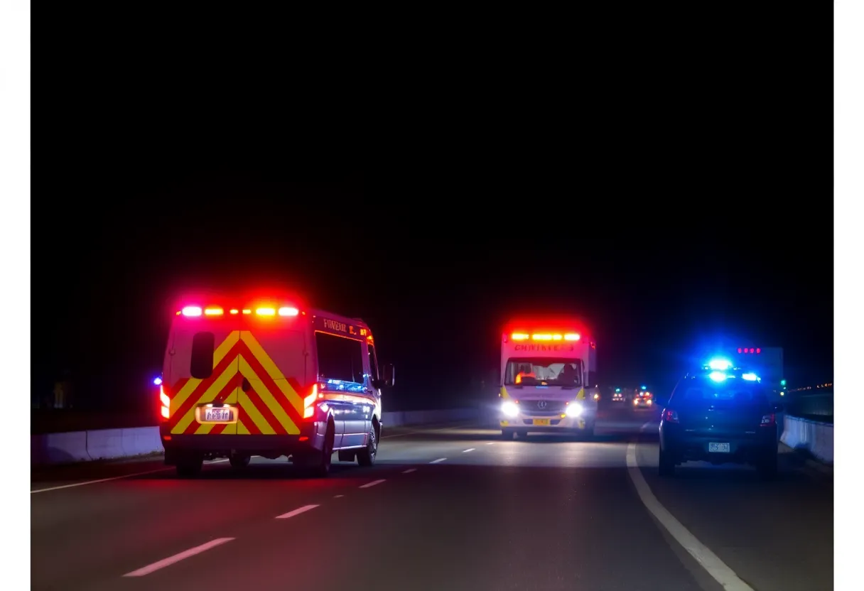 Emergency vehicles at a traffic accident site on a highway