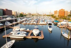A marina in Baltimore with boats and waterfront amenities