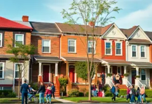 A scenic view of a Baltimore neighborhood showing diverse houses.