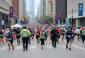 Scene from Baltimore Running Festival showing runners and police officers