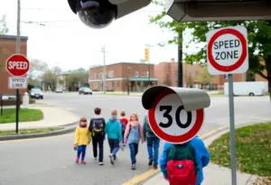 Speed camera in a Baltimore school zone with children and traffic