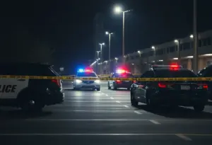 Police cars and crime scene tape at the site of a shooting