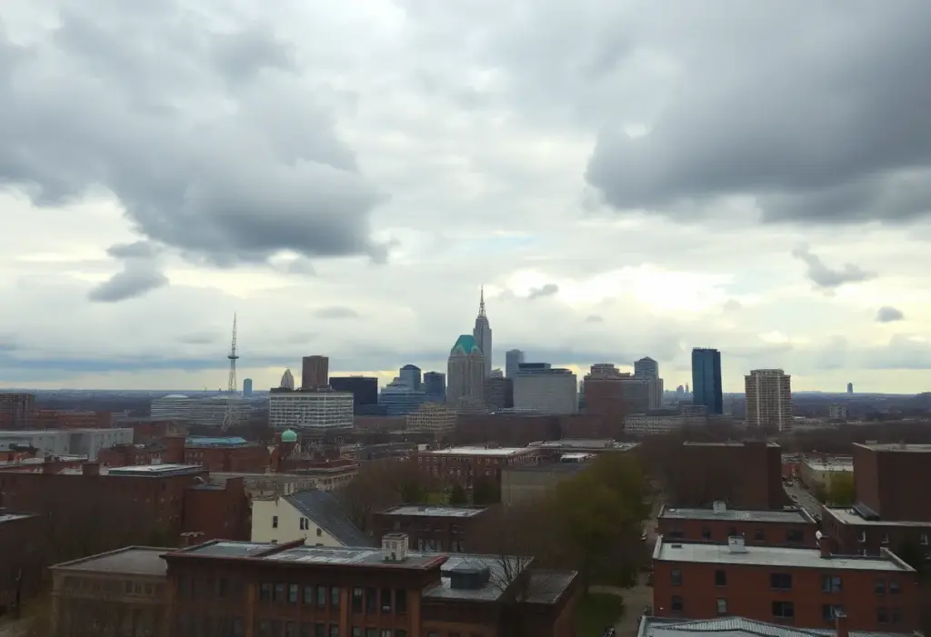 Baltimore skyline during mild weather with clouds
