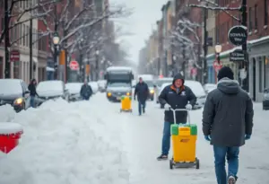 Snowy scene in Baltimore with residents preparing for winter weather