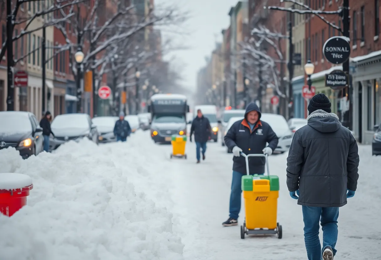 Snowy scene in Baltimore with residents preparing for winter weather