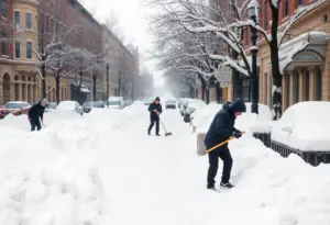 Street in Baltimore during a winter snowstorm with heavy snow on the ground