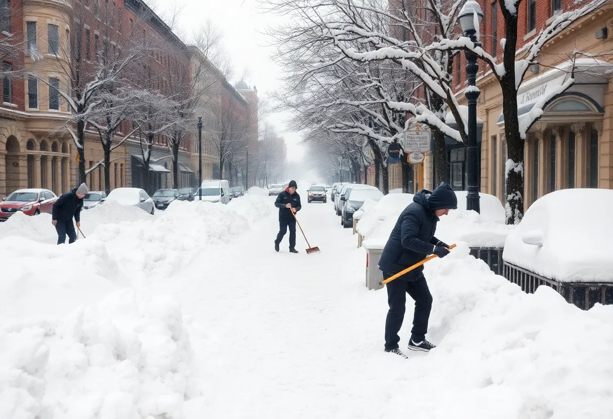 Street in Baltimore during a winter snowstorm with heavy snow on the ground