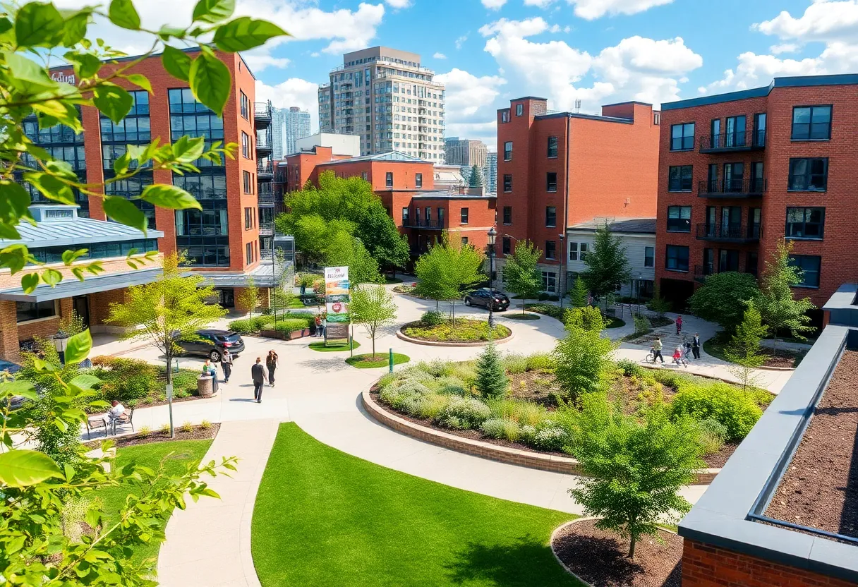 Aerial view of Baltimore showing mixed-use developments and green spaces.