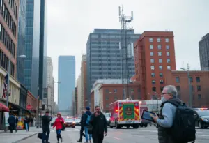 Cityscape of Baltimore showing people impacted by a Verizon outage, using alternative devices.