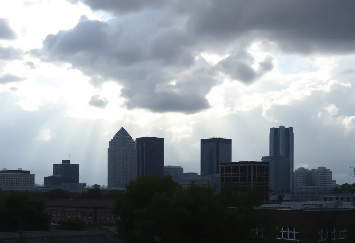 A view of Baltimore cityscape with cloudy skies and trees swaying in the wind.