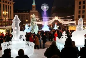 Crowd enjoying winter festivities at Harbor Point with ice sculptures