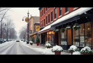 A snowy street in Baltimore with local shops displaying winter decorations.