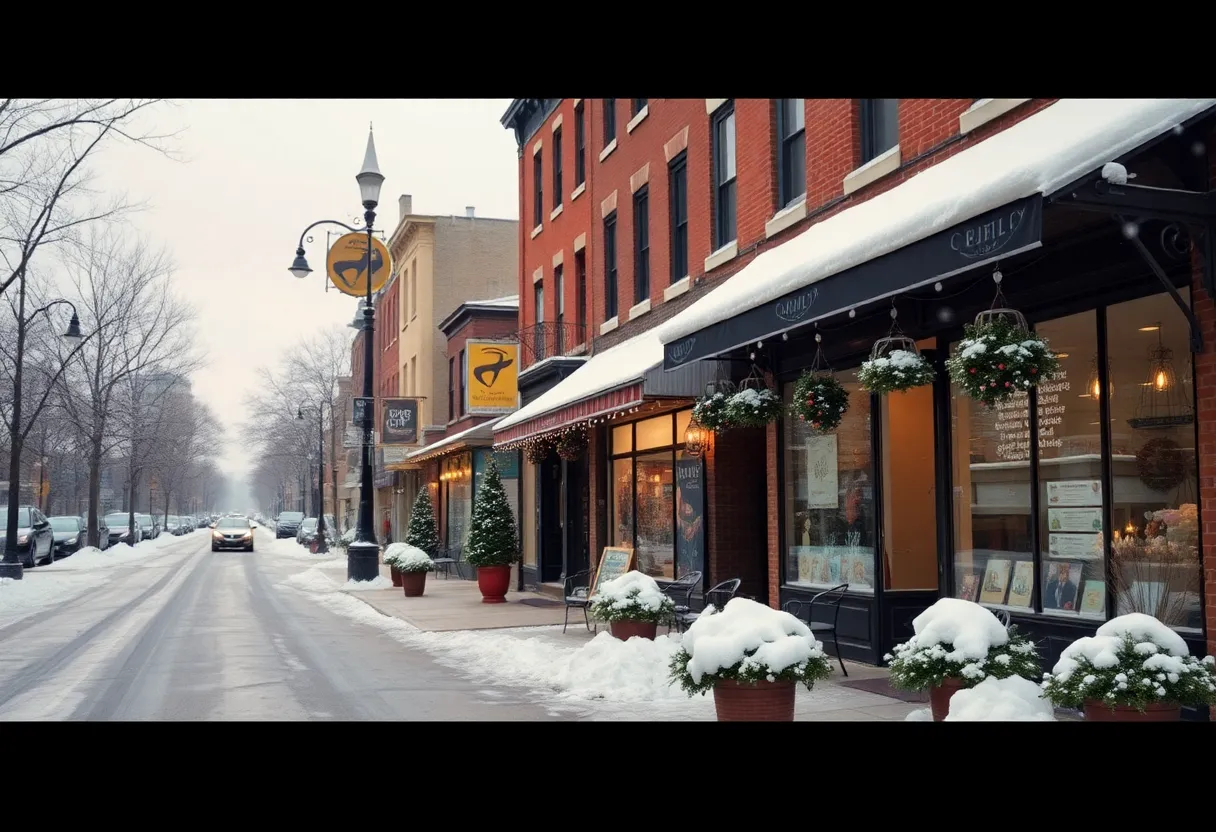 A snowy street in Baltimore with local shops displaying winter decorations.