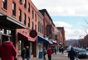 Winter scenery in Baltimore with clear skies and local businesses.