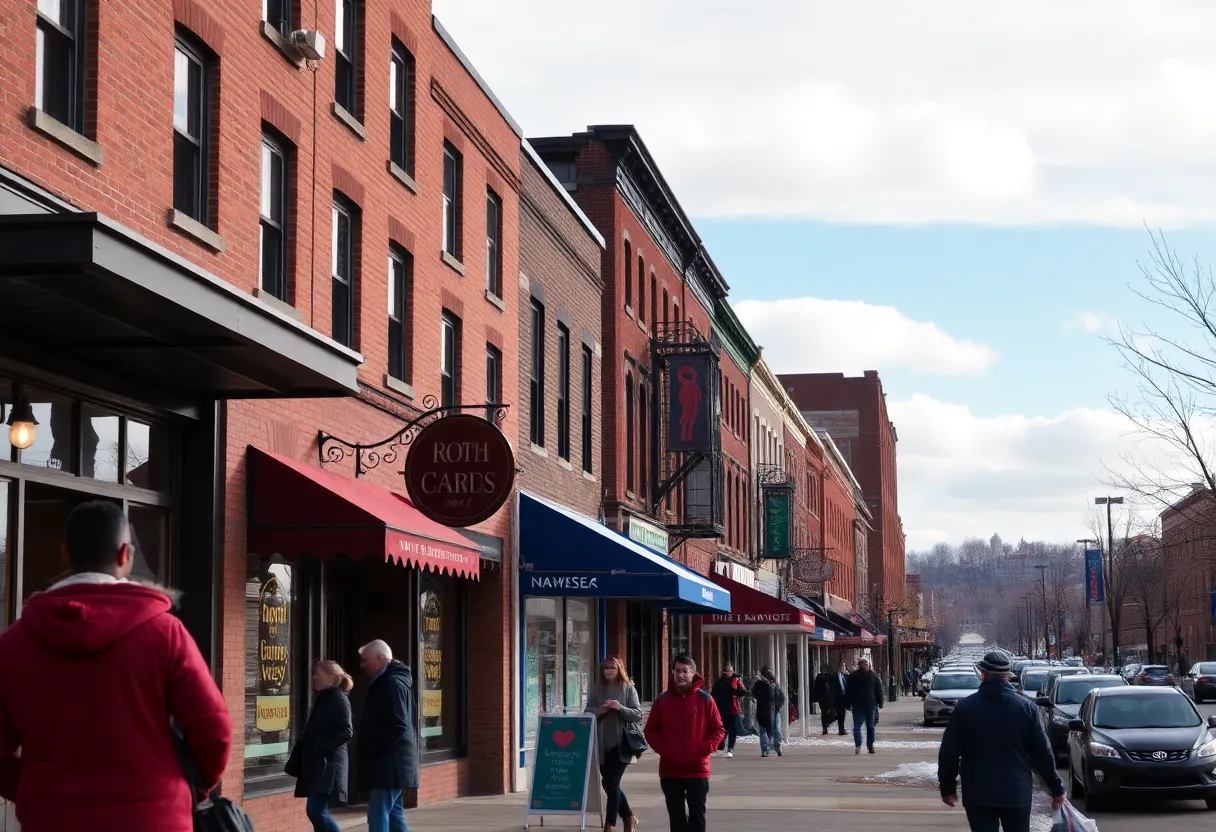 Winter scenery in Baltimore with clear skies and local businesses.