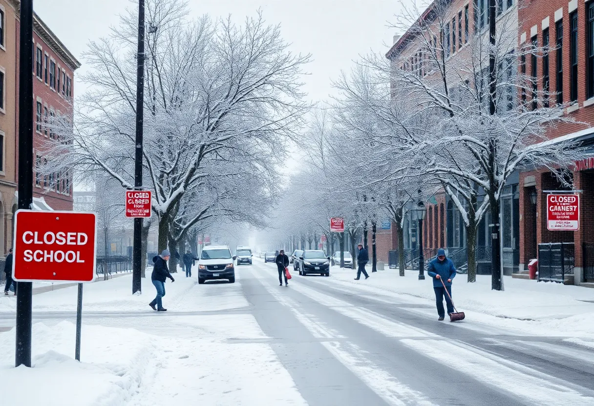 Snow-covered street with school closure signs in Baltimore