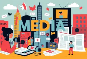 Artistic representation of Baltimore's media landscape focusing on community engagement.