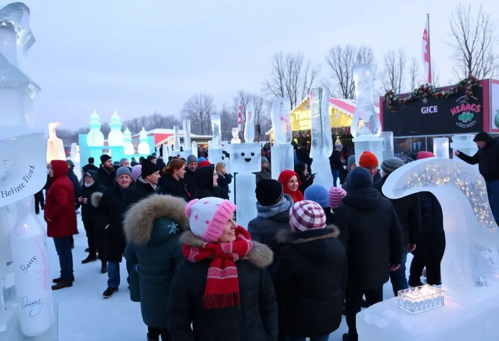 Celebration at Baltimore Ravens Ice Festival with ice sculptures and fans