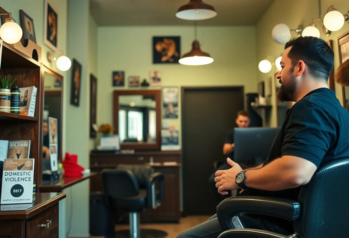 Barber and client discussing domestic violence awareness in a cozy barber shop setting.