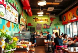 Interior of Barrio Burrito Bar with colorful decor and customers enjoying meals