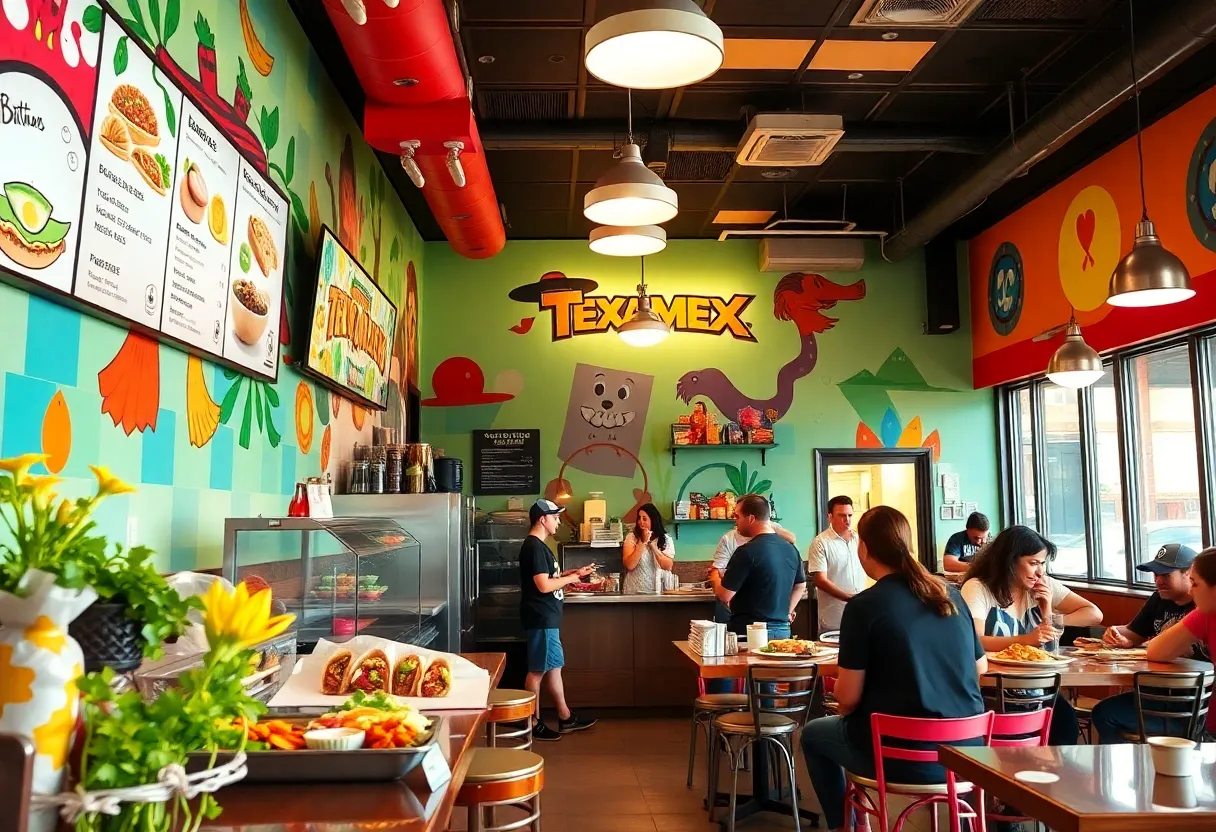 Interior of Barrio Burrito Bar with colorful decor and customers enjoying meals