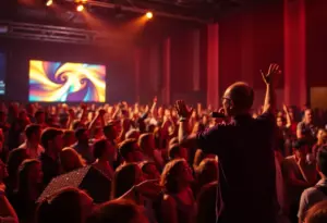 Crowd enjoying a concert with stage lights and excitement in the air.
