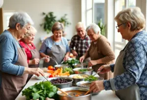 Community cooking class preparing black bean soup