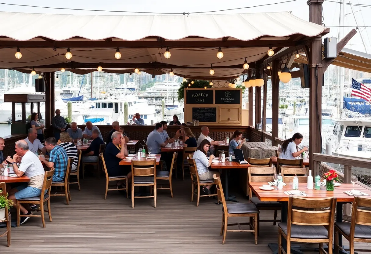 Outdoor dining area of Boatyard Bar & Grill with a nautical theme