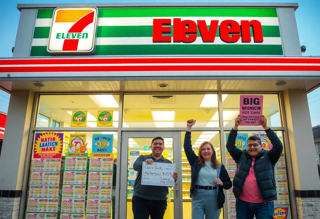 Exterior of a 7-Eleven lottery retailer celebrating a big win