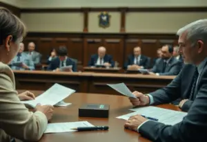 Courtroom hearing on bankruptcy with legal documents