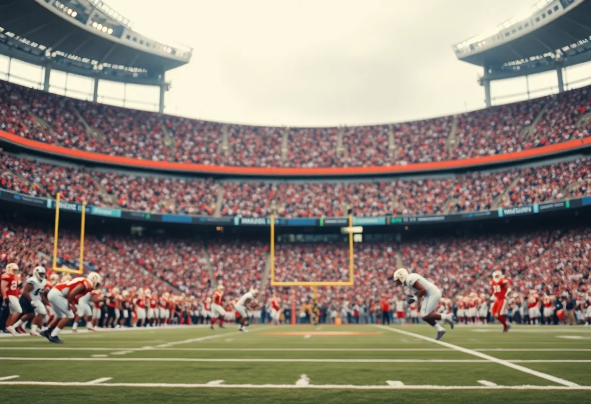 Football field during an intense game with players and fans