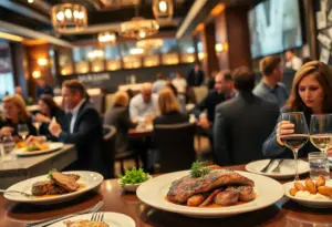 Interior of Butcher on the Bay steakhouse in Havre de Grace with customers dining.