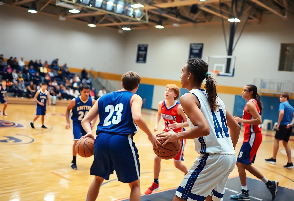 Century High School basketball team celebrating a victory against Liberty High School.