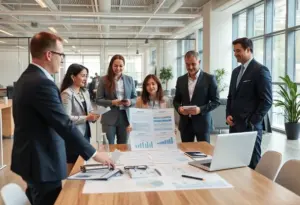 Team discussing business strategy in a modern office
