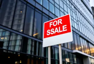 Exterior view of modern office buildings with a 'For Sale' sign