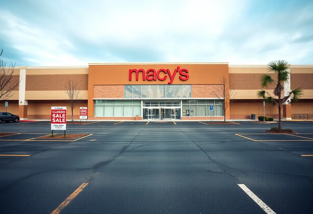 Exterior view of a closed Macy's store with sale signs