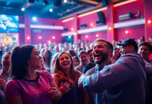 Audience enjoying a live comedy performance with a spotlight on stage