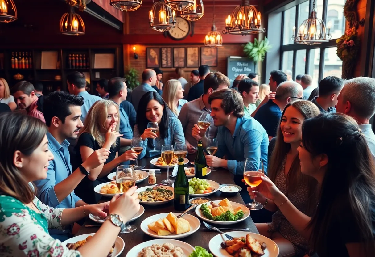 Guests enjoying a community tapas bar event with small plates and wine