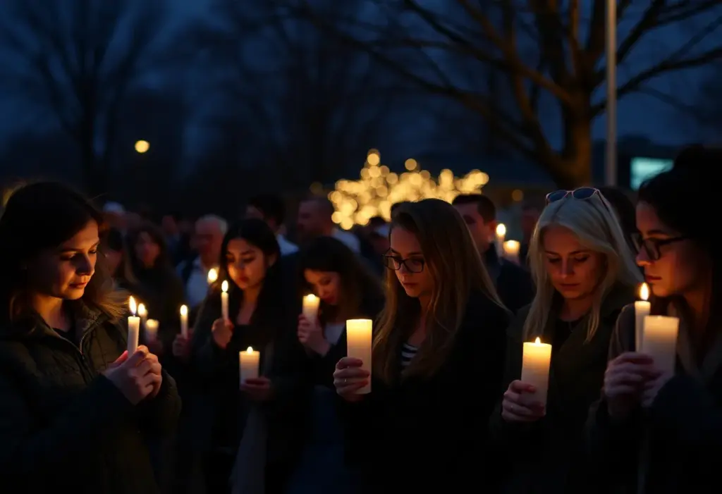 Community members holding candles during a vigil for a stabbing victim in Columbia