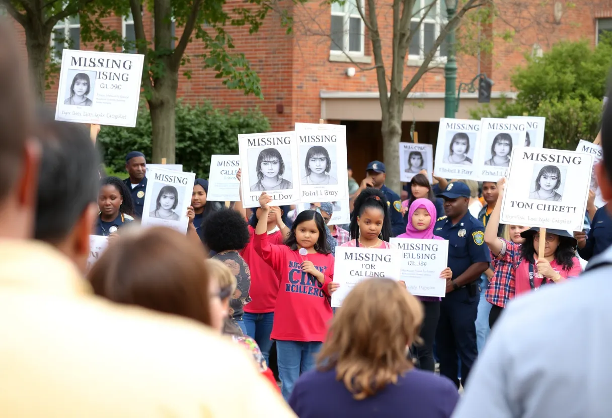 Community members holding signs and flyers for missing persons