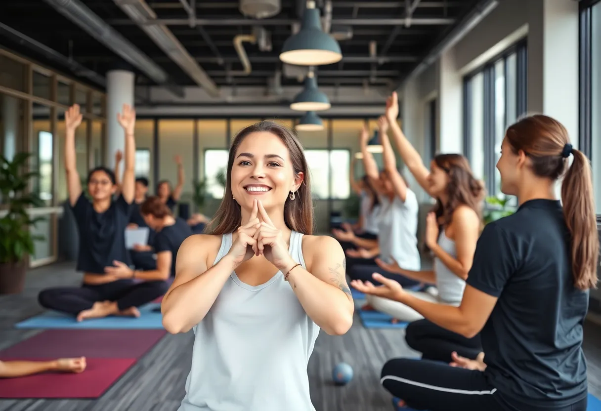 Employees participating in corporate wellness programs including yoga and healthy eating.