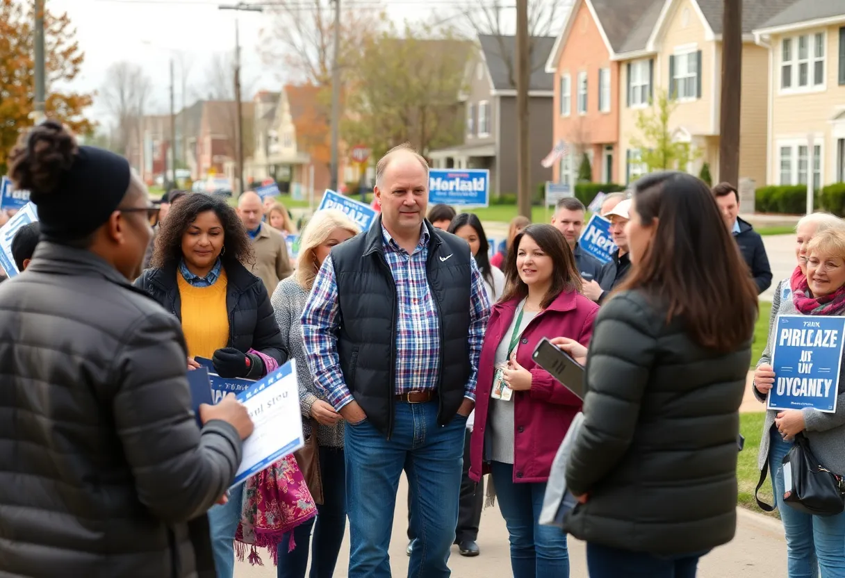 Community members engaging in political discussions with campaign signs in a suburban Maryland setting