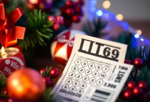 Winning lottery ticket and holiday decorations