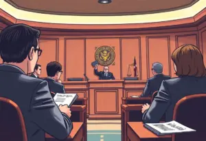 Courtroom discussing financial misconduct