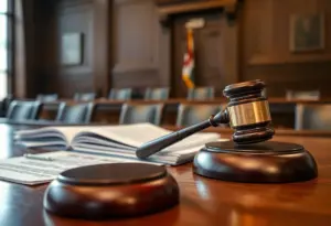 A courtroom scene depicting justice in a murder case