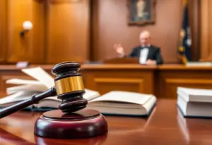 Courtroom with judge and legal books