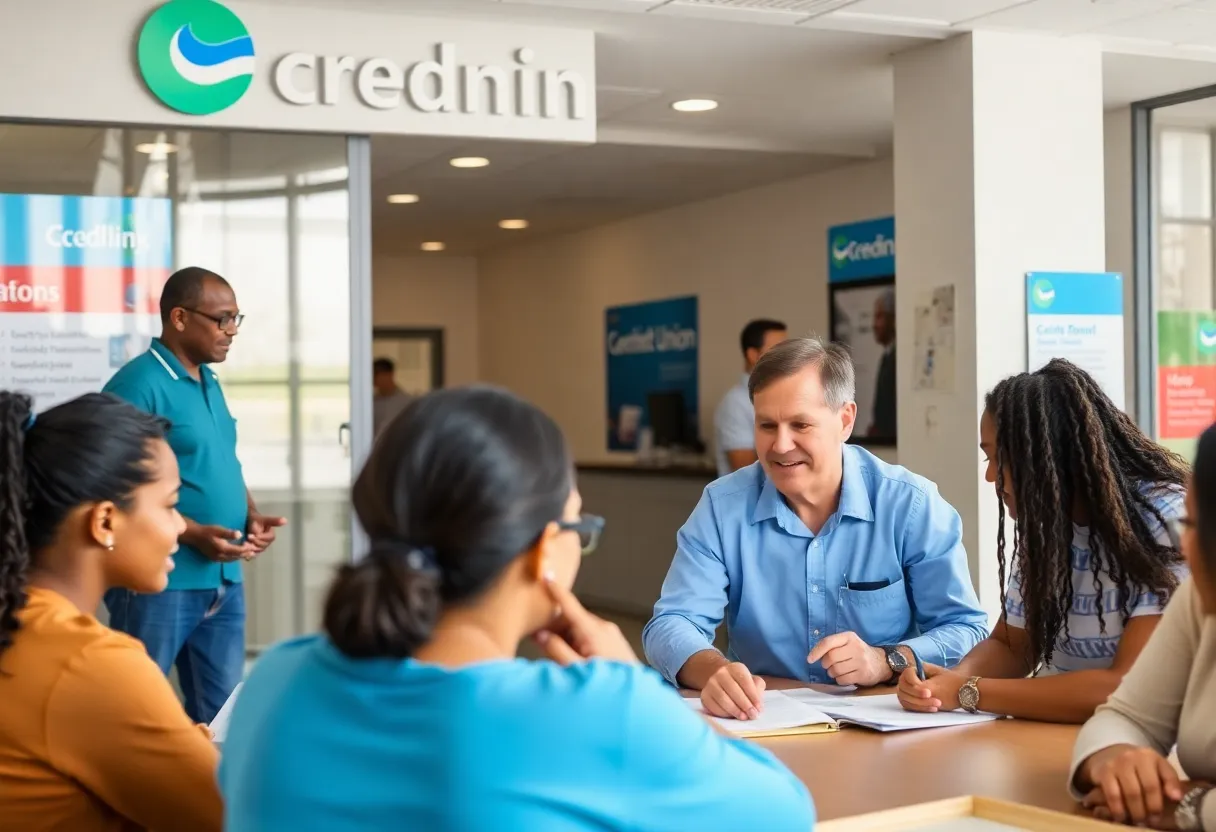 Community members at a credit union branch discussing financial education