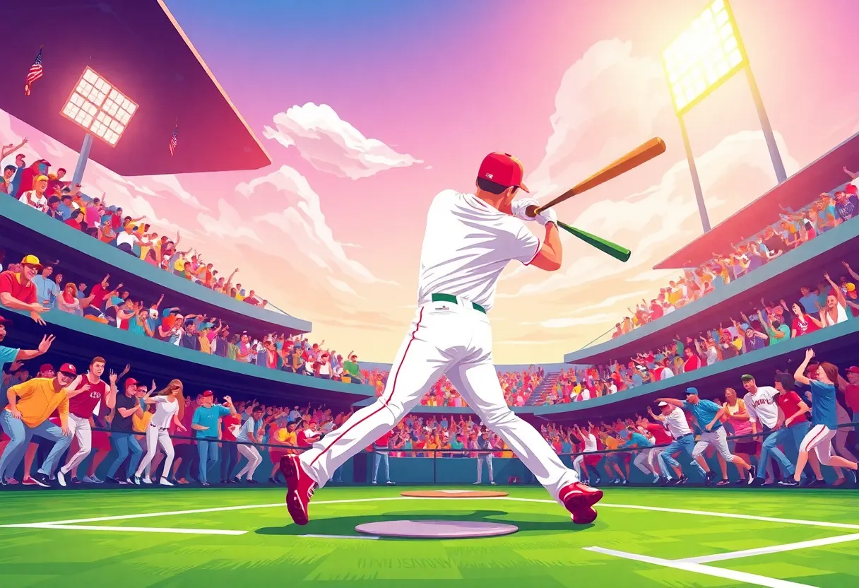 Baseball player hitting a home run in a packed stadium